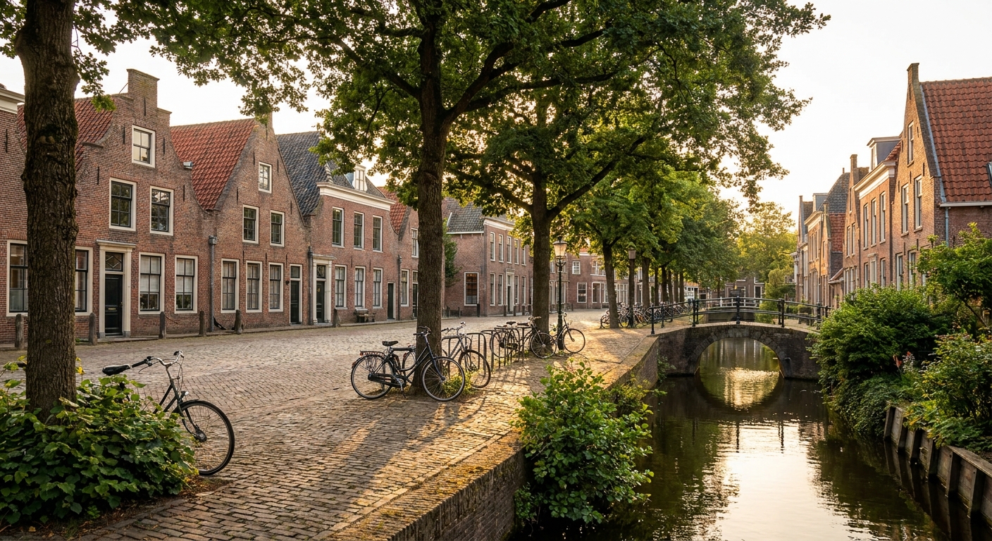 Historische brink met bomen en grachtje in Assen, Drenthe — sfeerbeeld bij huis verkopen in Assen