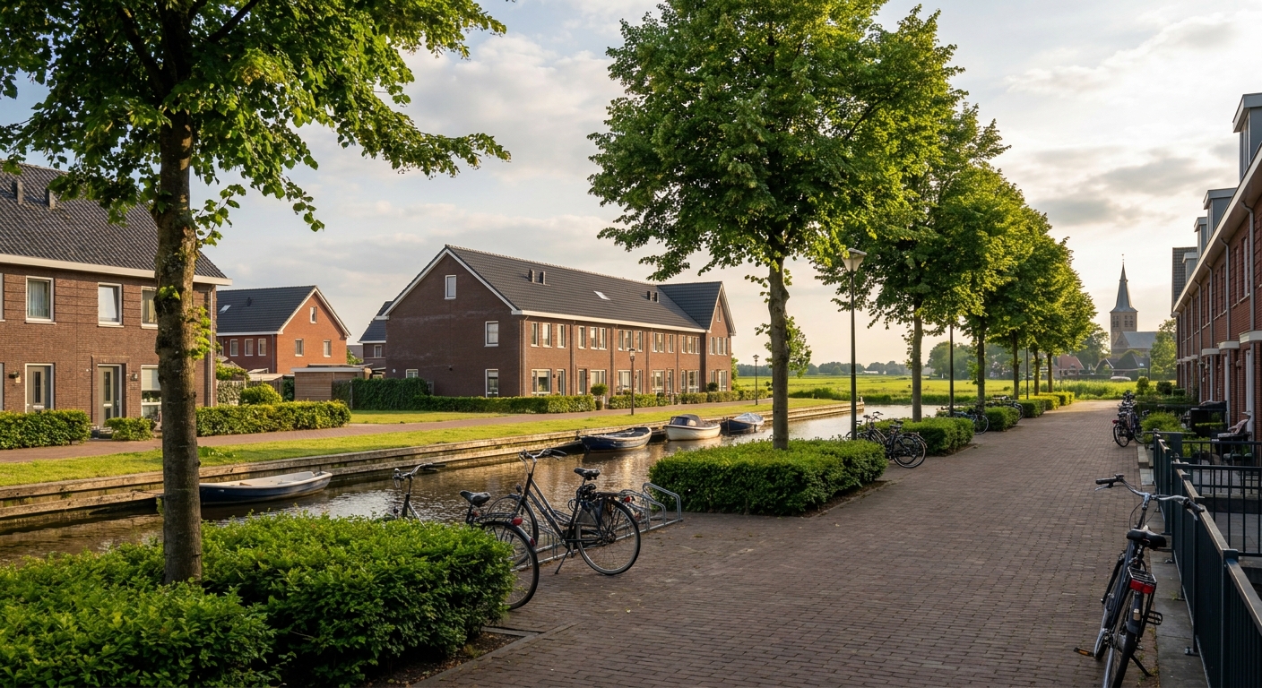 Moderne baksteenwoningen aan een vaart met bootjes in Drachten, Friesland — sfeerbeeld bij huis verkopen in Drachten