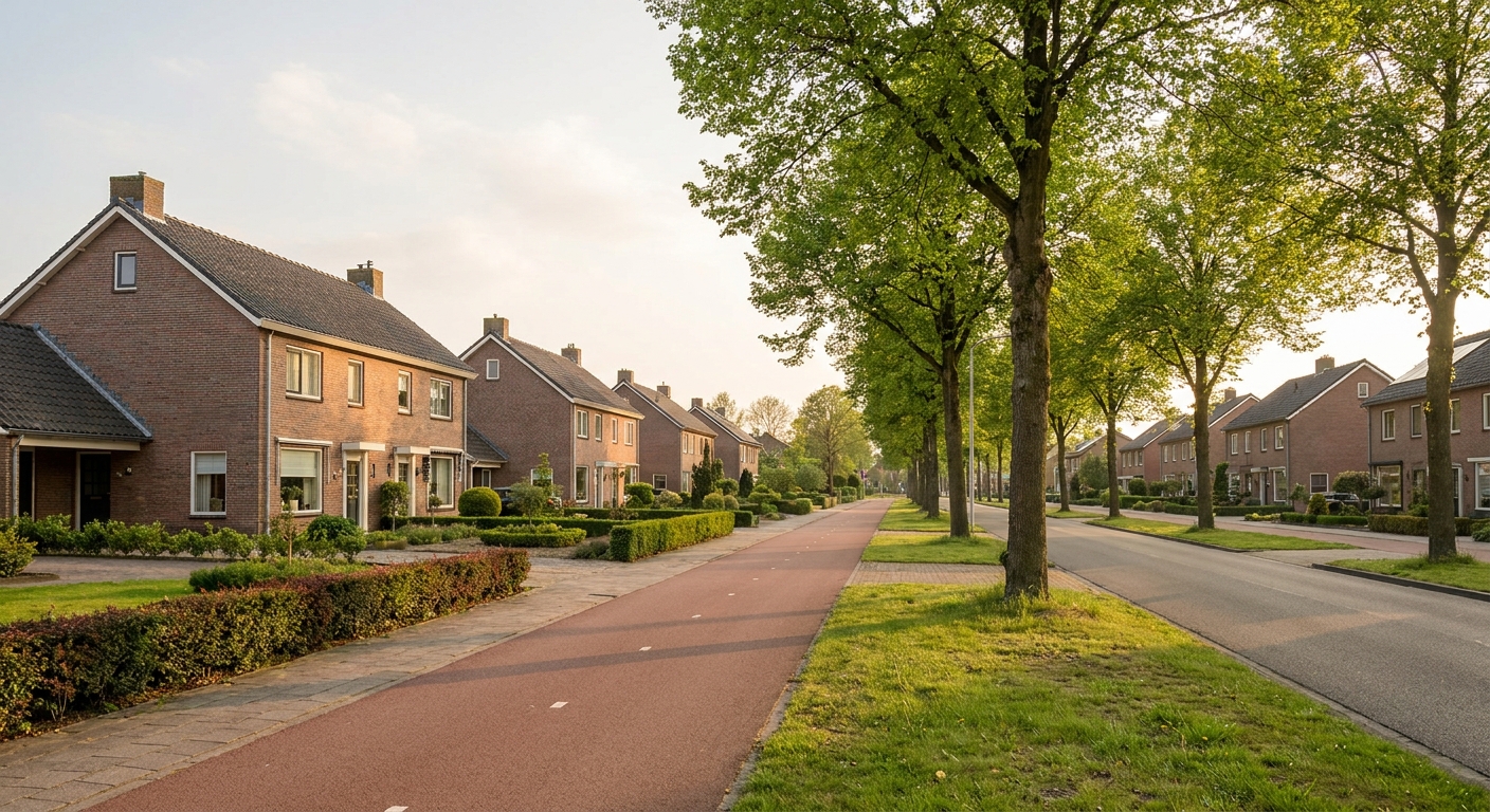 Rustige woonstraat met baksteen gezinswoningen en fietspad in Emmen, Drenthe — sfeerbeeld bij huis verkopen in Emmen