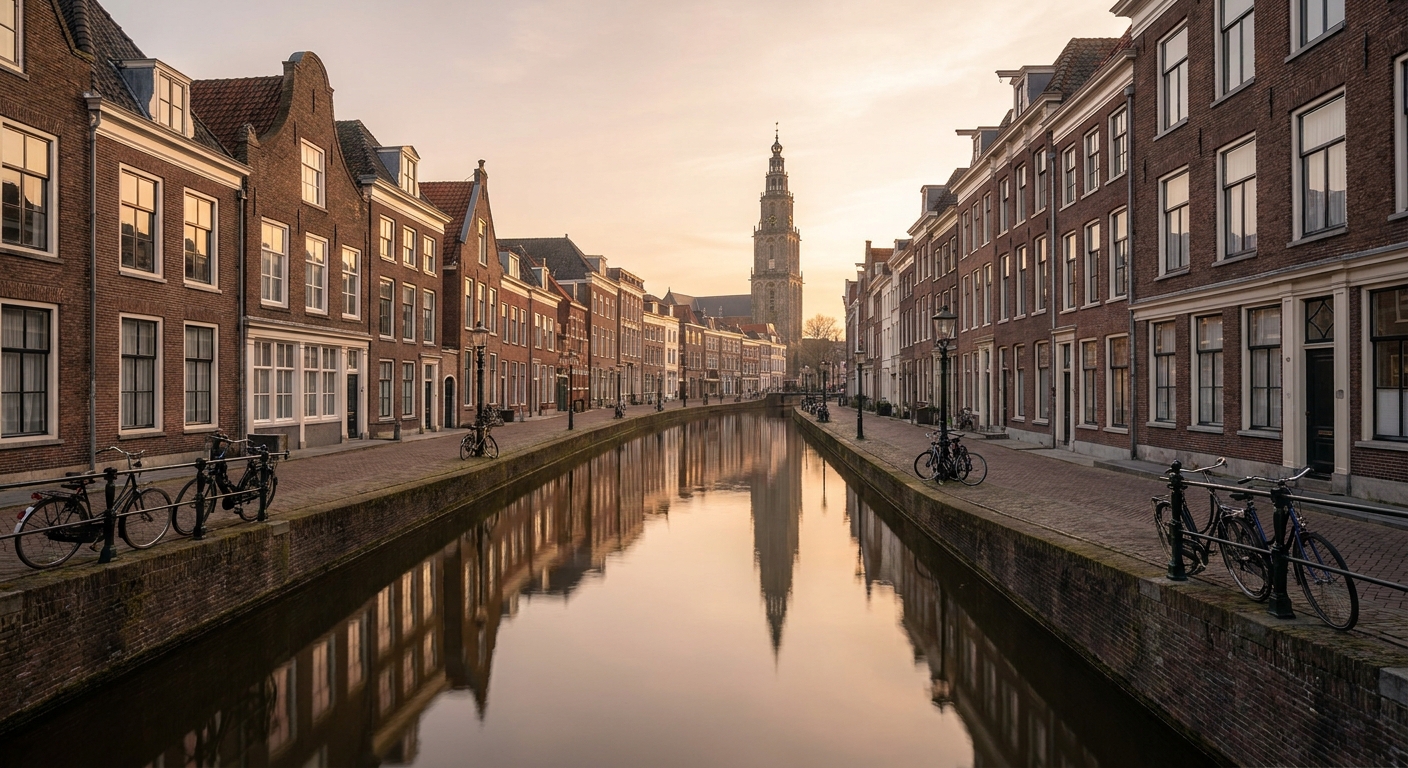 De Martinitoren en grachtenpanden in de stad Groningen — sfeerbeeld bij huis verkopen in Groningen