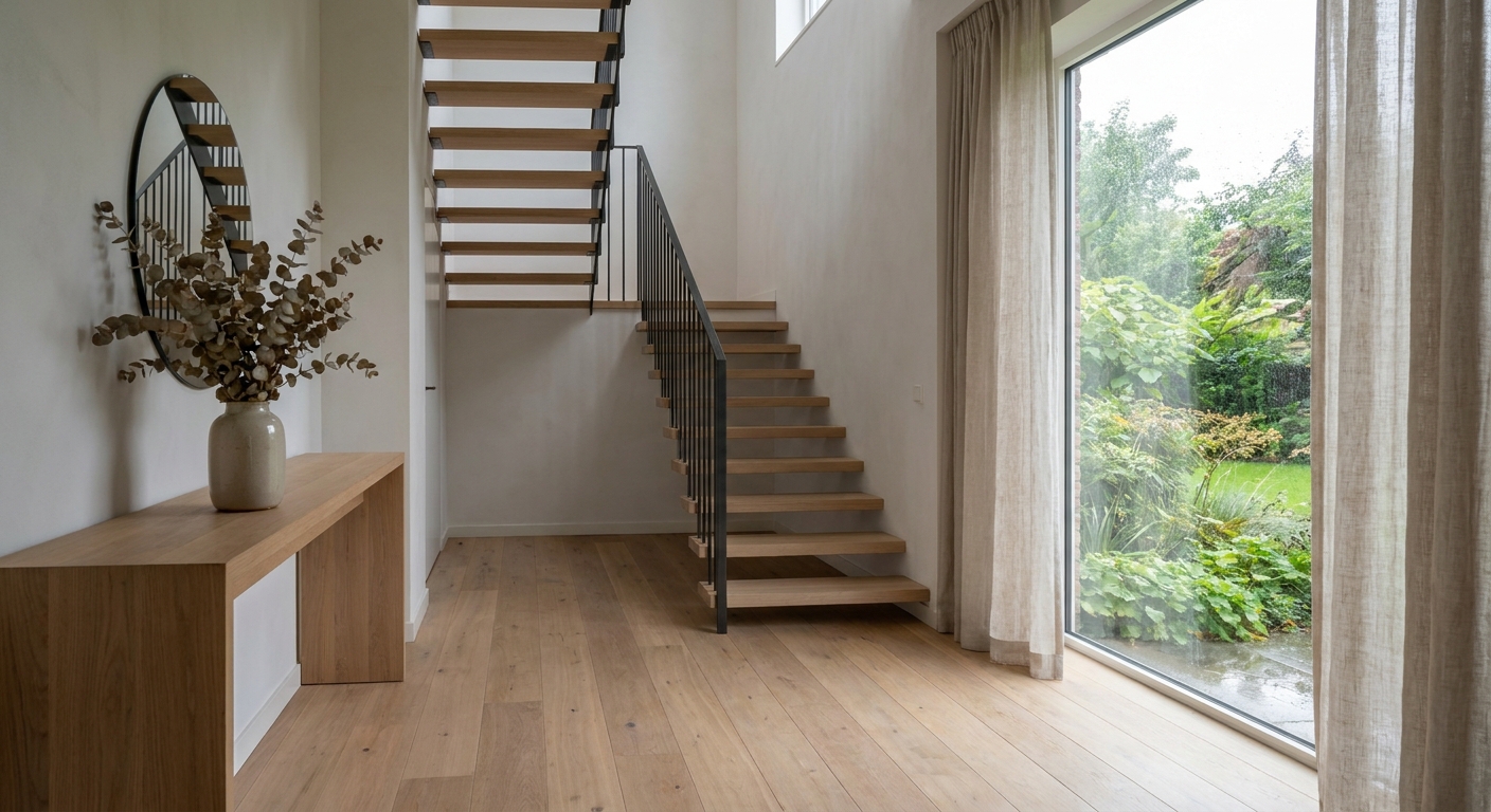 Lichte entree met houten trap van een Nederlandse woning — sfeerbeeld bij het kopen van een huis